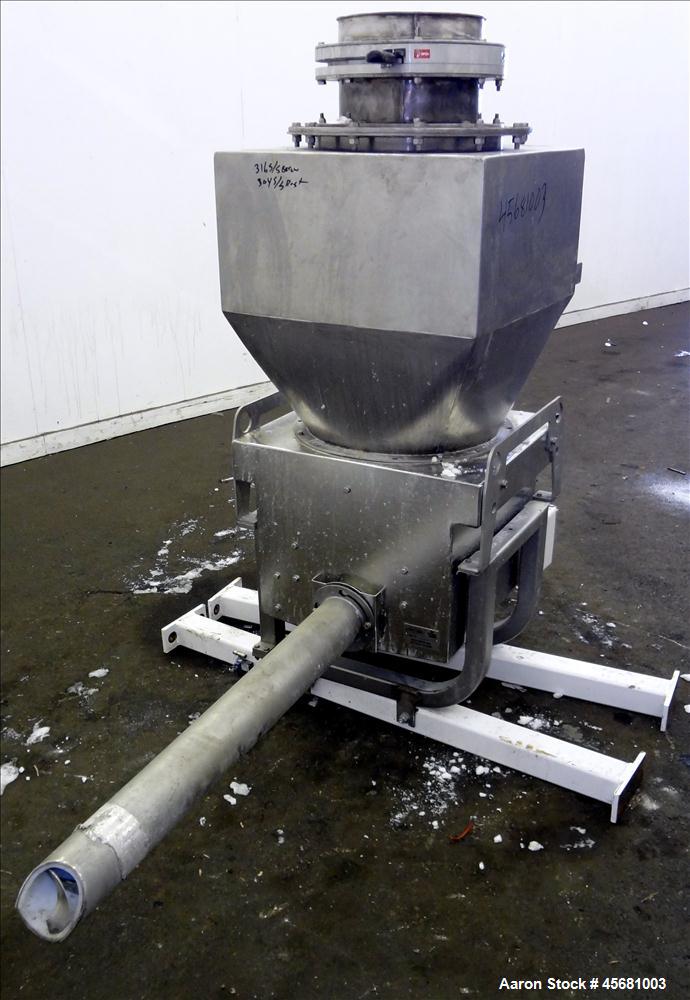 Used AccuRate Feeder, 304 Stainless Steel, 3.5" diameter 316 stainless steel screw, driven by a 1 hp, 230-460 volt, 1725 rpm motor. Serial #55498 01A-MECVM. With Magnetic Products Magnet, Model 13813...