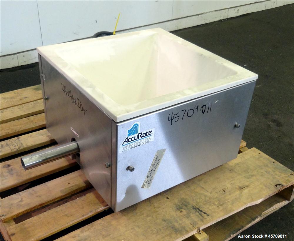 Used Accu-Rate 600 Series Dry Material Feeder, 304 Stainless Steel. Approximately 1-3/4" diameter x 22" long screw with tube. Feed rates 0.0008 to 48 cubic feet per hour. Driven by a 1/4hp, 90 volt, ...