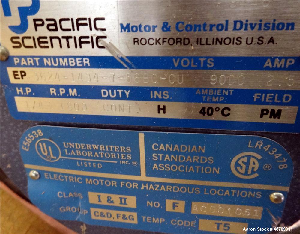 Used Accu-Rate 600 Series Dry Material Feeder, 304 Stainless Steel. Approximately 1-3/4" diameter x 22" long screw with tube. Feed rates 0.0008 to 48 cubic feet per hour. Driven by a 1/4hp, 90 volt, ...