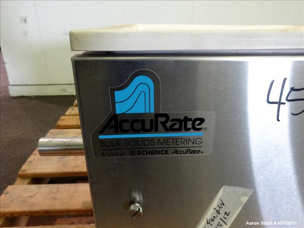 Used Accu-Rate 600 Series Dry Material Feeder, 304 Stainless Steel. Approximately 1-3/4" diameter x 22" long screw with tube. Feed rates 0.0008 to 48 cubic feet per hour. Driven by a 1/4hp, 90 volt, ...