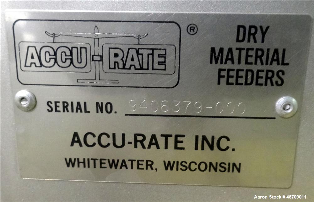Used Accu-Rate 600 Series Dry Material Feeder, 304 Stainless Steel. Approximately 1-3/4" diameter x 22" long screw with tube. Feed rates 0.0008 to 48 cubic feet per hour. Driven by a 1/4hp, 90 volt, ...