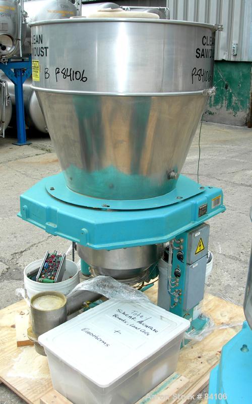 USED: Accurate Volumetric Feeding System consisting of: (1) Multi feeder, 26.25 pounds per minute max, 2.03 min. Approximate 3" diameter auger, driven by a 2.2/1.5 kw, 180 volt, DC gearmotor with hop...
