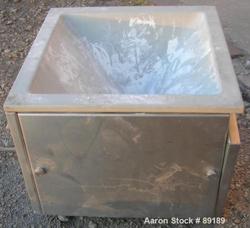 USED: Accurate volumetric dry material feeder. Approximate 1" diameter x 12" long 304 stainless steel screw, feed rate to 1.38 cubic feet an hour. Vinyl hopper, capacity .33 cubic feet. Driven by a 1...