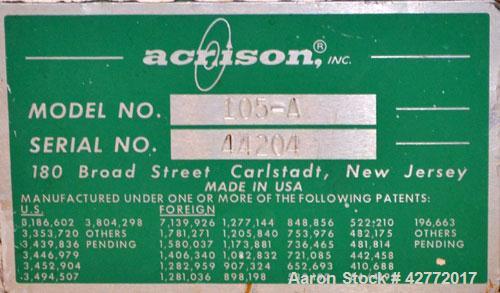 Used Acrison Volumetric Dry Ingredient Feeder, Model 105-A, 304 Stainless Steel. Feed rate to (0.27) cubic feet per hour. Approximate 3/8" diameter x 21" long metering auger with intromitter. Driven ...