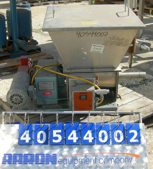 Used Acrison volumetric feeder, model 105ZW, 304 stainless steel. 1-3/4" diameter x 24" long metering auger, (1) intromitter, driven by a 1 hp, 90/100 volt, 1725 rpm DC gearmotor, ratio 15:1. Trough ...