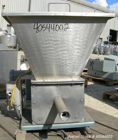 Used Acrison volumetric feeder, model 105ZW, 304 stainless steel. 1-3/4" diameter x 24" long metering auger, (1) intromitter, driven by a 1 hp, 90/100 volt, 1725 rpm DC gearmotor, ratio 15:1. Trough ...