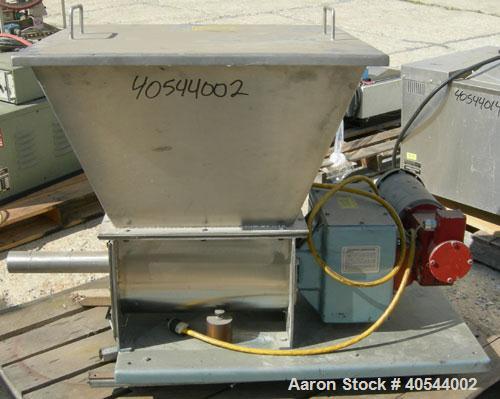 Used Acrison volumetric feeder, model 105ZW, 304 stainless steel. 1-3/4" diameter x 24" long metering auger, (1) intromitter, driven by a 1 hp, 90/100 volt, 1725 rpm DC gearmotor, ratio 15:1. Trough ...