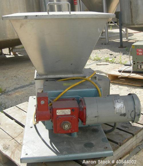 Used Acrison volumetric feeder, model 105ZW, 304 stainless steel. 1-3/4" diameter x 24" long metering auger, (1) intromitter, driven by a 1 hp, 90/100 volt, 1725 rpm DC gearmotor, ratio 15:1. Trough ...