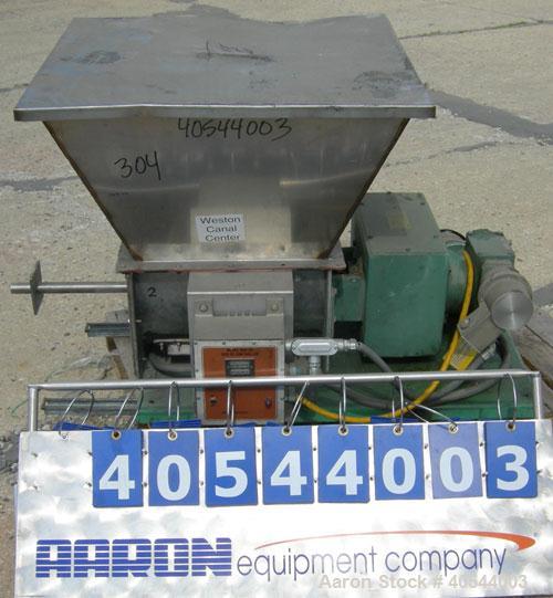 Used Acrison volumetric feeder, model 105ZW, 304 stainless steel. 1-3/4" diameter x 24" long metering auger, (1) intromitter, driven by a 1 hp, 90/100 volt, 1725 rpm DC gearmotor, ratio 15:1. Trough ...
