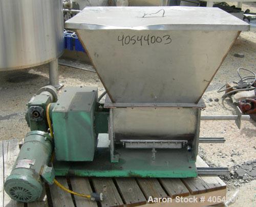 Used Acrison volumetric feeder, model 105ZW, 304 stainless steel. 1-3/4" diameter x 24" long metering auger, (1) intromitter, driven by a 1 hp, 90/100 volt, 1725 rpm DC gearmotor, ratio 15:1. Trough ...