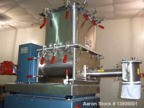 Used Acrison Model 402-800-250-BDFI.5-G Feeder. Gravimetric feeder with platform type weighing system for continuous or batch weighing of dry solids or liquids on a weight loss basis. Dissimilar spee...