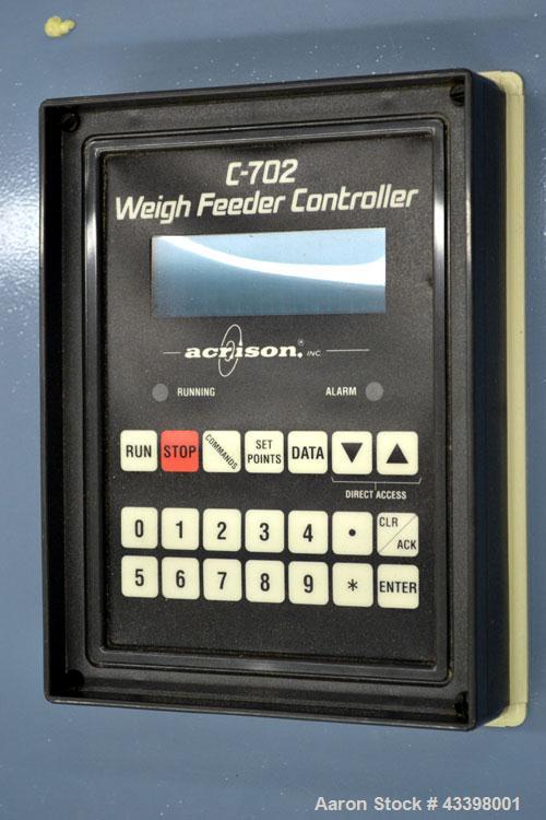 Used Acrison Weight-Loss-Differential Weigh Feeder, Model 405-50-50-BDF1-D/2, 304 Stainless Steel. Feed range 50 pounds per hour maximum. Triple auger/agitator metering with (2) large agitators, and ...
