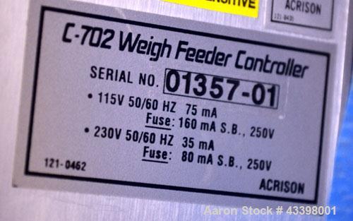 Used Acrison Weight-Loss-Differential Weigh Feeder, Model 405-50-50-BDF1-D/2, 304 Stainless Steel. Feed range 50 pounds per hour maximum. Triple auger/agitator metering with (2) large agitators, and ...
