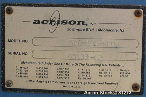 Used Acrison Polymair 500 Polyelectrolyte Processing System, Model 500-100-400. Consisting of (1) Acrison dry polymer volumetric feeder, model 105Z. 1-1/2" diameter x approximately 36" long metering ...
