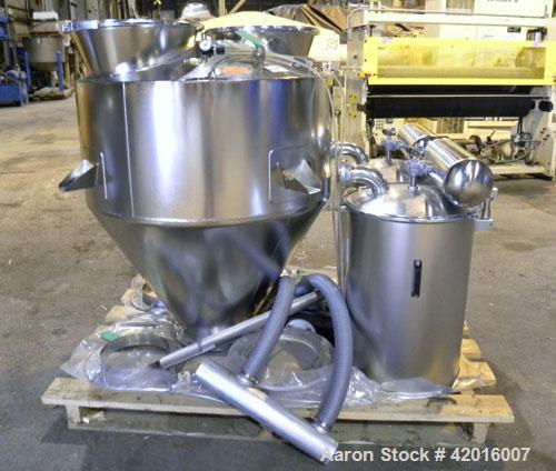 Unused- AZO Feeding System consisting of: (1) AZO hopper, model D1104-2X500-65-A22R, 304 stainless steel, approximately 44" diameter x 20" straight side x 31" coned bottom, 12" center bottom outlet. ...