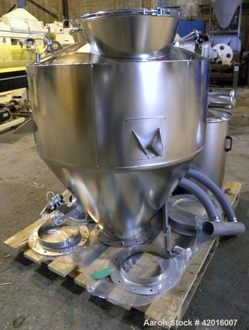 Unused- AZO Feeding System consisting of: (1) AZO hopper, model D1104-2X500-65-A22R, 304 stainless steel, approximately 44" diameter x 20" straight side x 31" coned bottom, 12" center bottom outlet. ...