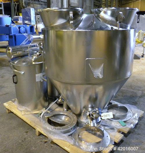 Unused- AZO Feeding System consisting of: (1) AZO hopper, model D1104-2X500-65-A22R, 304 stainless steel, approximately 44" diameter x 20" straight side x 31" coned bottom, 12" center bottom outlet. ...