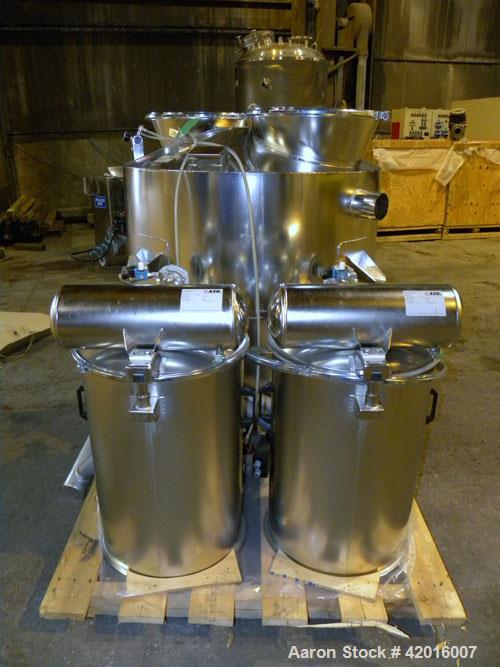 Unused- AZO Feeding System consisting of: (1) AZO hopper, model D1104-2X500-65-A22R, 304 stainless steel, approximately 44" diameter x 20" straight side x 31" coned bottom, 12" center bottom outlet. ...