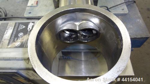 Used Brabender Technologie Twin Screw Feeder, Model DDSR40/60, 304 Stainless Steel. (2) Approximate 2" diameter x 15" long screws, driven by a 1/2hp, 3/60/230/460 volt, 1700 rpm gear motor. Feed hopp...