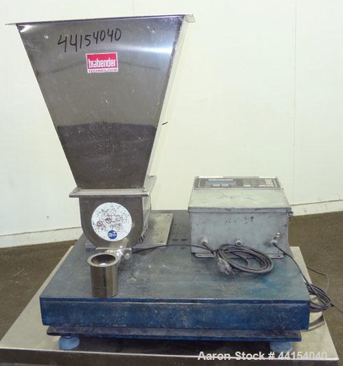 Used Brabender Technologie Twin Screw Feeder, 304 Stainless Steel. (2) Approximate 3/4” diameter x 9” long screws. Feed hopper with extension, and conditioning bar. Driven by a 1/2hp, 3/60/230/460 vo...