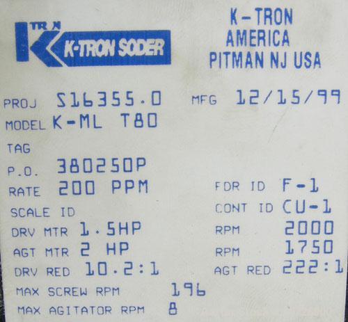 Used- K-Tron screw type modular loss in weight feeder, model K-MLT80, 304 stainless steel. Approximately 3" diameter twin sc...