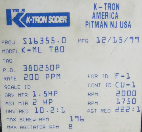 Used K-Tron screw type modular loss in weight feeder, model K-MLT80, 304 stainless steel. Approximately 3" diameter twin screw design, driven by a 1 1/2 hp, 180 volt, 1750 rpm DC motor, approximately...