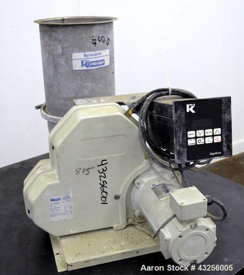 Used K-Tron Volumetric Twin Screw Feeder, Model K2-MV- T20, 316 Stainless Steel. Approximate (0.025) to 2.5 cubic feet an hour output. (2) Approximate 5/8” diameter intermeshing screws. Driven by a 0...