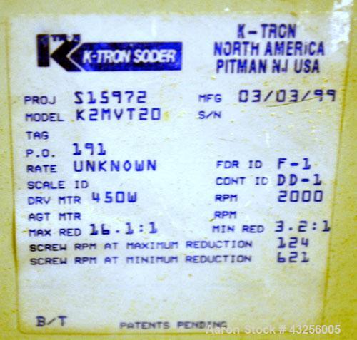 Used K-Tron Volumetric Twin Screw Feeder, Model K2-MV- T20, 316 Stainless Steel. Approximate (0.025) to 2.5 cubic feet an hour output. (2) Approximate 5/8” diameter intermeshing screws. Driven by a 0...