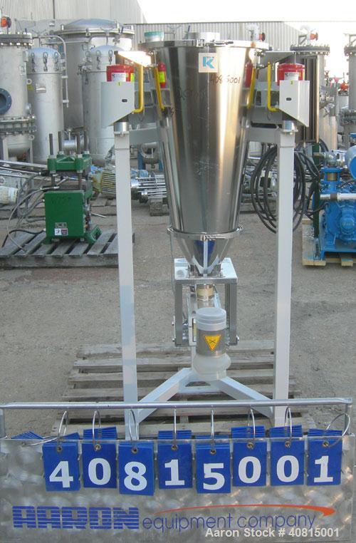 Used K-Tron Vibratory Feeder, Model K2MLKV2, 304 Stainless Steel.  Rated approximately 100 pounds per hour.  Includes a top mounted 316 stainless steel hopper and a Smart Control Module with keypad.