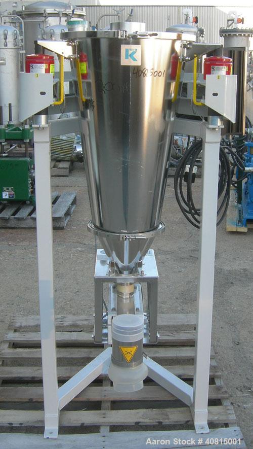 Used K-Tron Vibratory Feeder, Model K2MLKV2, 304 Stainless Steel.  Rated approximately 100 pounds per hour.  Includes a top mounted 316 stainless steel hopper and a Smart Control Module with keypad.