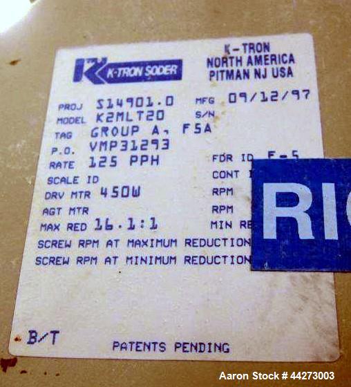 Used K-Tron Screw Type Modular Loss In Weight Feeder, Model K2MLS60, Stainless Steel. Approximate 2-1/2" diameter x 20" long single screw design, driven by a 0.45kw, 100 volt DC motor. Approximate 14...