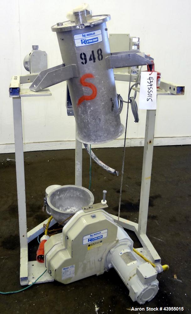 Used K-Tron Volumetric Feeder Model K2MLT20, Stainless Steel, Approximate (2) 2" diameter x 16" long twin screw design, driven by a .45kw, 200 volt, 2000 rpm motor. Approximately 5-100 pounds per hou...