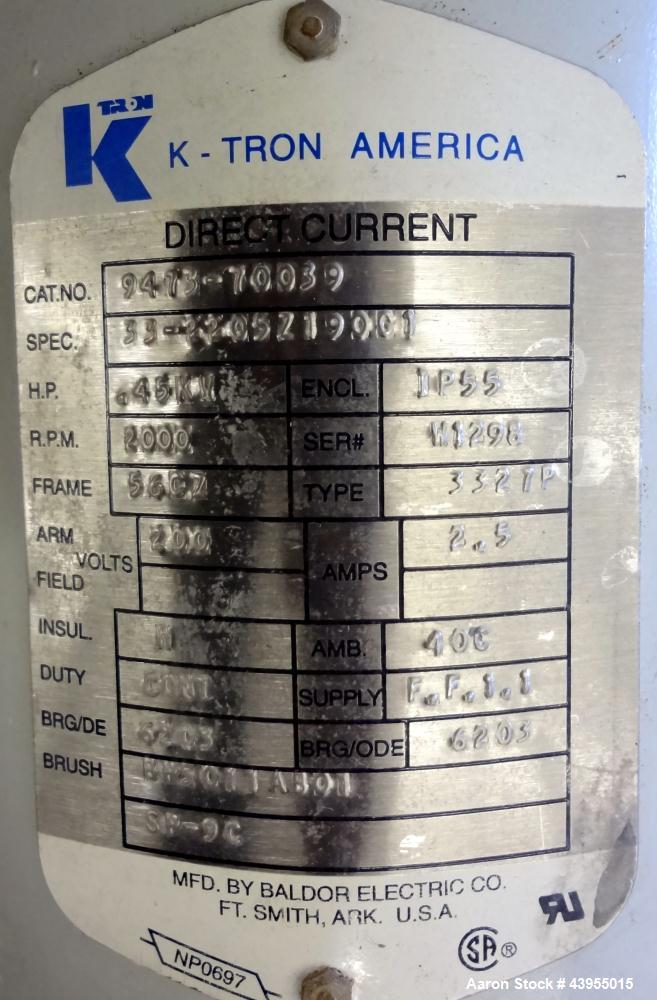 Used K-Tron Volumetric Feeder Model K2MLT20, Stainless Steel, Approximate (2) 2" diameter x 16" long twin screw design, driven by a .45kw, 200 volt, 2000 rpm motor. Approximately 5-100 pounds per hou...