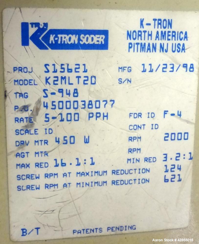 Used K-Tron Volumetric Feeder Model K2MLT20, Stainless Steel, Approximate (2) 2" diameter x 16" long twin screw design, driven by a .45kw, 200 volt, 2000 rpm motor. Approximately 5-100 pounds per hou...