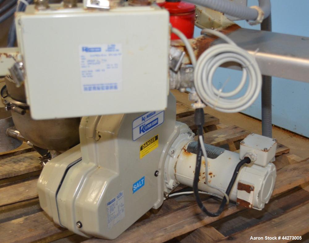 Used K-Tron Screw Type Modular Loss In Weight Feeder, Model K2MLT20, Stainless Steel. Approximate 3/4" diameter x 10" long twin screw design, driven by a 0.45kw, 100 volt DC motor. Approximate 30 pou...