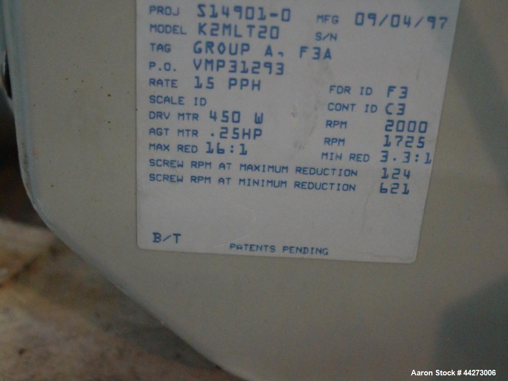 Used K-Tron Screw Type Modular Loss In Weight Feeder, Model K2MLT20, Stainless Steel. Approximate 3/4" diameter x 10" long twin screw design, driven by a 0.45kw, 100 volt DC motor. Approximate 15 pou...