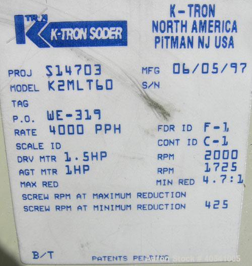 Used K-Tron Modular Loss In Weight Feeder Sytem consisting of: (2) Model K2MLT60 feeders, 316 stainless steel. Twin screw design, each driven by a 1 1/2 HP, 180/200 Volt, 1750 RPM XP DC motor, each a...