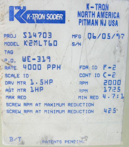 Used K-Tron Modular Loss In Weight Feeder Sytem consisting of: (2) Model K2MLT60 feeders, 316 stainless steel. Twin screw design, each driven by a 1 1/2 HP, 180/200 Volt, 1750 RPM XP DC motor, each a...