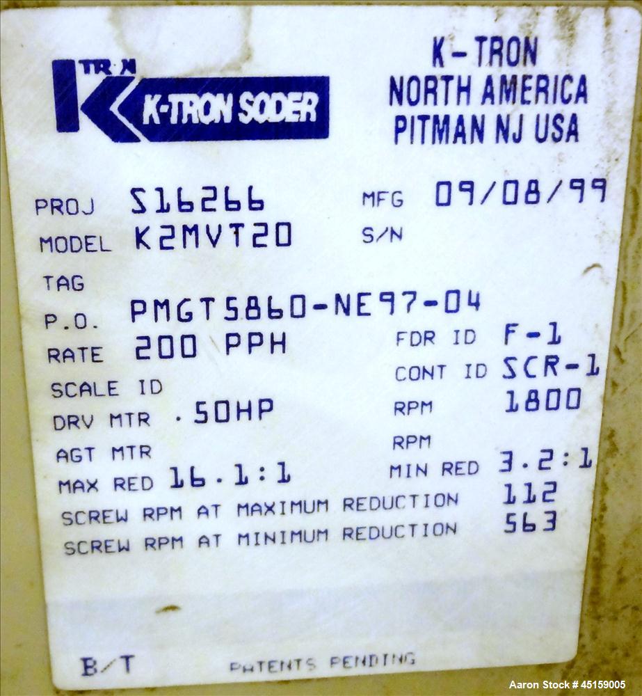 Used Stainless Steel K-Tron Twin Screw Volumetric Feeder, Model K2-MV-T20