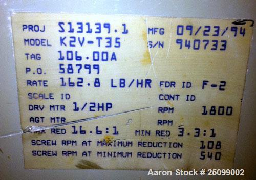Used K-Tron Volumetric Twin Screw Feeder, Model K2V-T35. Approximate 162.8 pounds per hour output. (2) Approximate 1-3/8" diameter intermeshing 304 stainless steel screws, driven by a 1/2hp, 90 volt,...