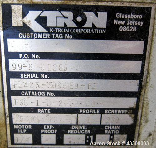 Used K-Tron Volumetric Twin Screw Feeder, Model T35-1-B-2-32-00-A, 304 Stainless Steel. (2) Approximate 1" diameter x 12" long screws, driven by a 1/4 hp motor, approximate 530 pound an hour capacity...