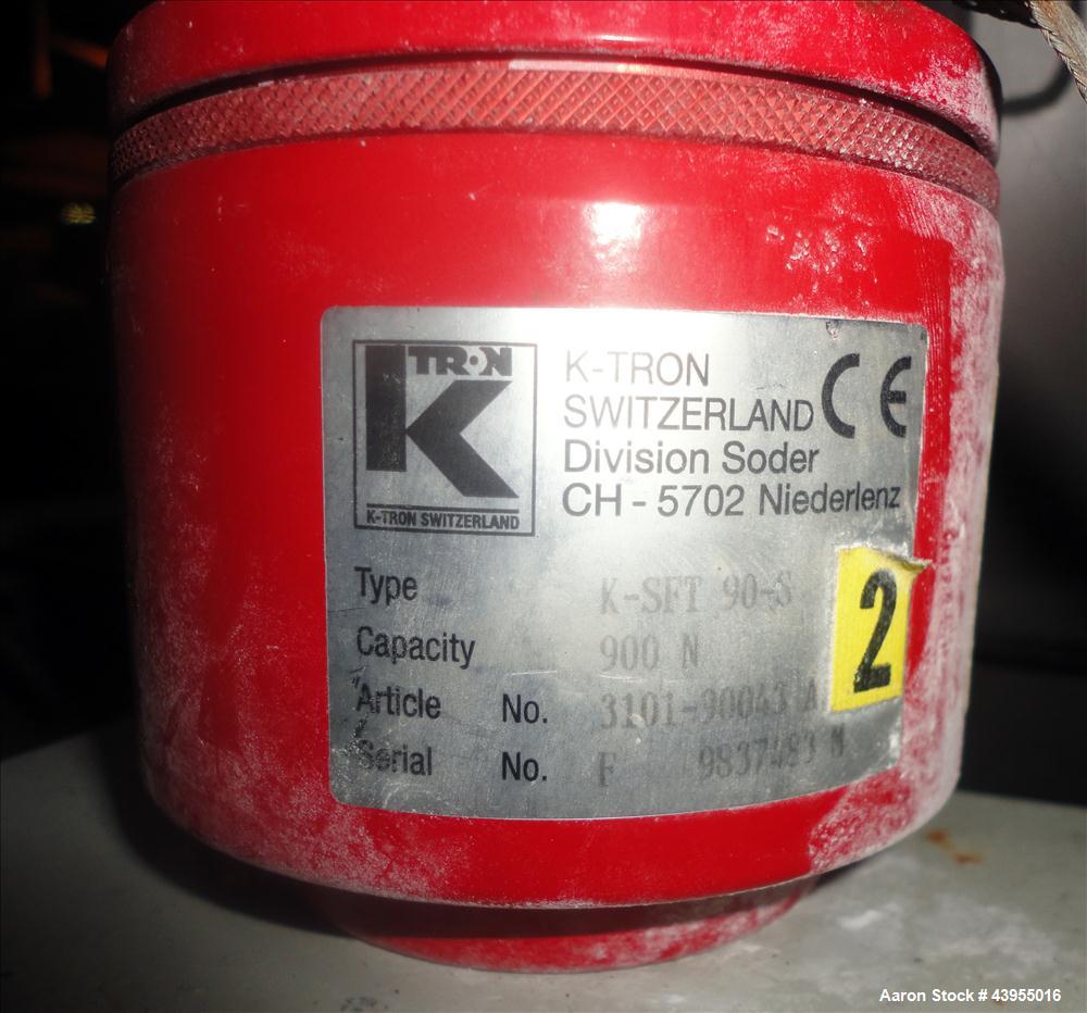 Used K-Tron Volumetric Feeding System consisting of: (1) K-Tron Feeder Model K2MLS60, Stainless Steel. Approximate 2" diameter x 16" long screw driven by a .45kw, 200 volt, 2000 rpm motor. 2000 pound...