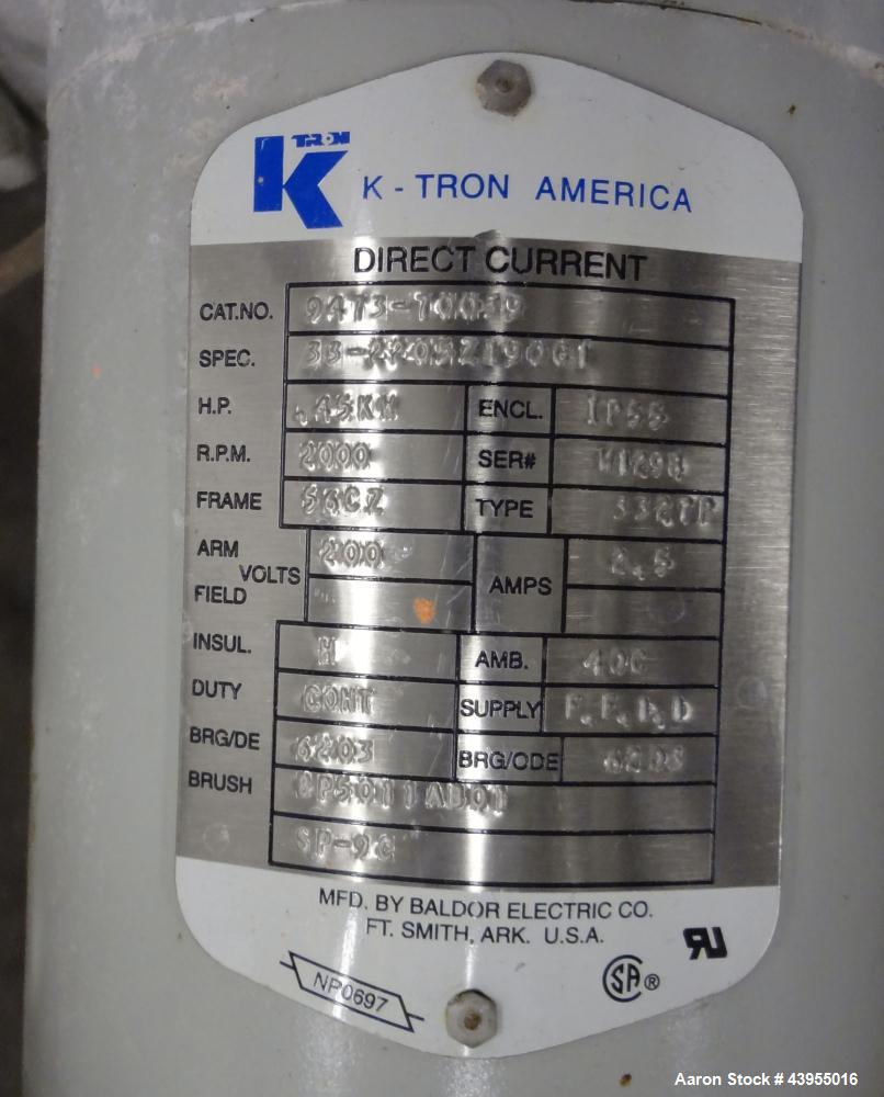 Used K-Tron Volumetric Feeding System consisting of: (1) K-Tron Feeder Model K2MLS60, Stainless Steel. Approximate 2" diameter x 16" long screw driven by a .45kw, 200 volt, 2000 rpm motor. 2000 pound...