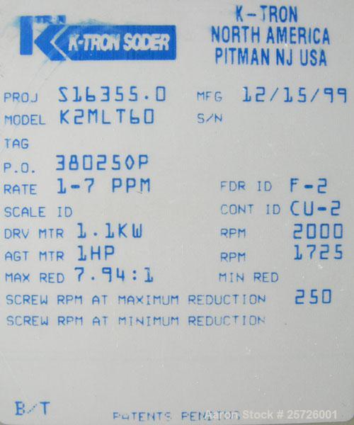Used K-Tron screw type modular loss in weight feeder, model K2MLT60, 316 stainless steel. Approximately 2 1/4" diameter twin screw design, driven by a 1 1/2 hp, 180 volt, 1750 rpm DC motor, approxima...