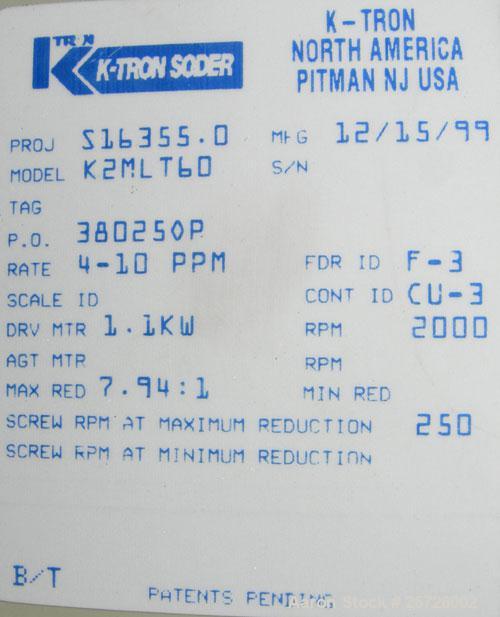 Used K-Tron screw type modular loss in weight feeder, model K2MLT60, 316 stainless steel. Approximately 2 1/4" diameter twin screw design, driven by a 1 1/2 hp,180 volt,1750 rpm DC motor, approximate...