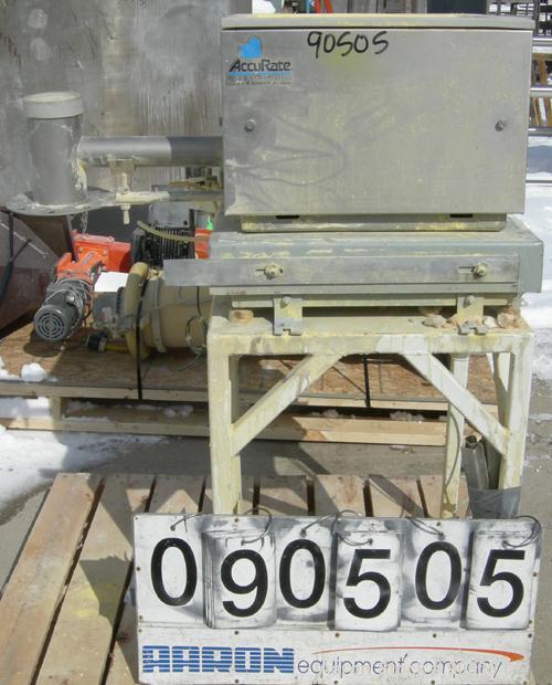 USED: Accurate volumetric dry material feeder. Approximate 2" diameter x 30" long stainless steel screw, Approximate feed rate to 48 cubic feet an hour. Vinyl hopper, capacity .9 cubic feet. Driven b...