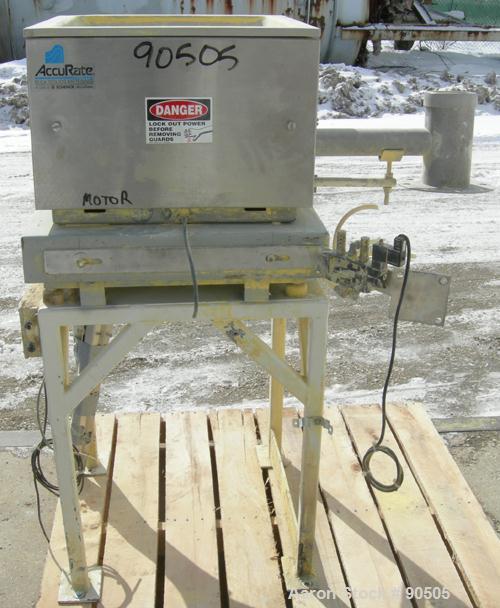 USED: Accurate volumetric dry material feeder. Approximate 2" diameter x 30" long stainless steel screw, Approximate feed rate to 48 cubic feet an hour. Vinyl hopper, capacity .9 cubic feet. Driven b...