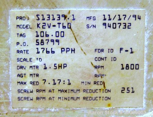 Used K-Tron Volumetric Twin Screw Feeder, Model K2V-T60. Approximate 1766 pounds per hour output. (2) Approximate 2” diameter intermeshing 304 stainless steel screws, driven by an approximate 1hp DC ...