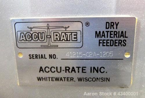 Used Schenck Accu-Rate 1200 Series Dry Material Feeder, Model 1205, 304 Stainless Steel. Approximately 6" diameter x 43-1/2" long helix, feed rate approximately 965 cubic feet an hour. Driven by (2) ...