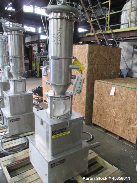 Used Schenk Accurate Volumetric Feeder, Type, MOD602M. Stainless steel screw and spout, 2.25" diameter x 21" long spout with screw, driven by approximately 0.25hp DC motor, stainless steel hopper ext...